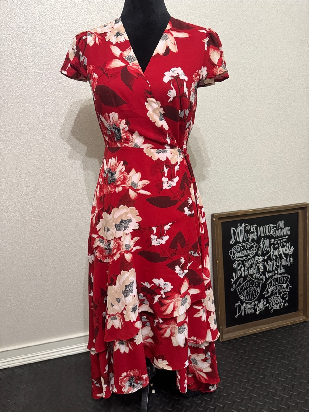 INC International Concepts Red Floral Wrap Midi Dress